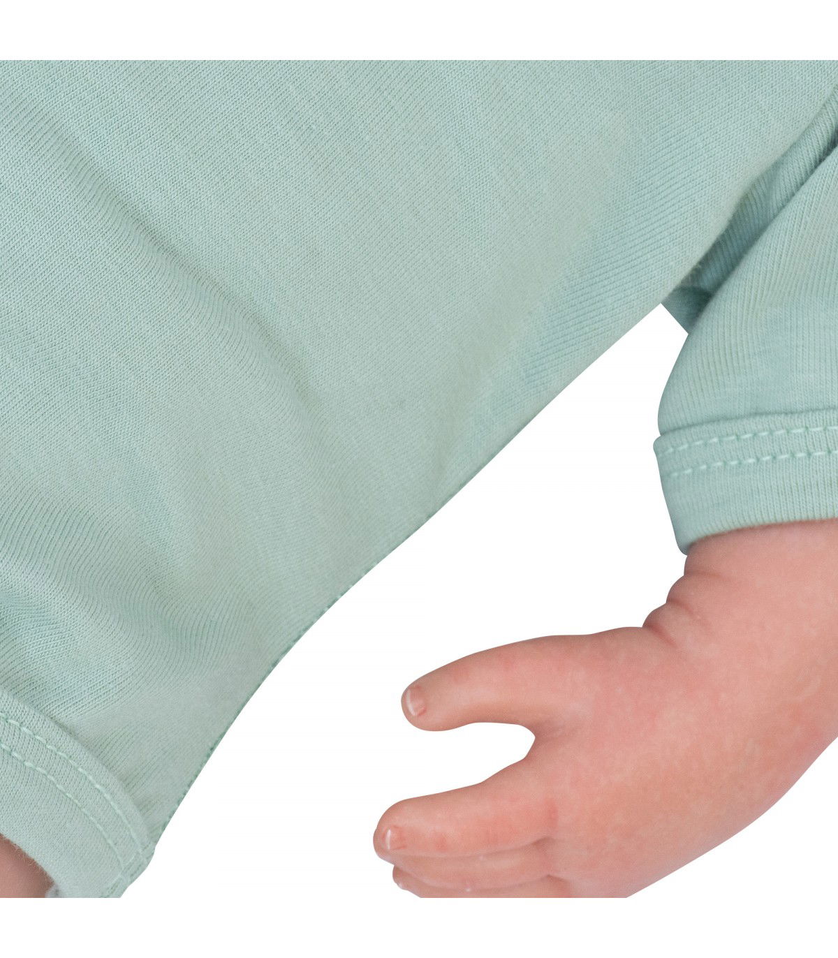 Body primeiro uso para bebê Manga Curta Verde Pastel - Detalhe do Braço
